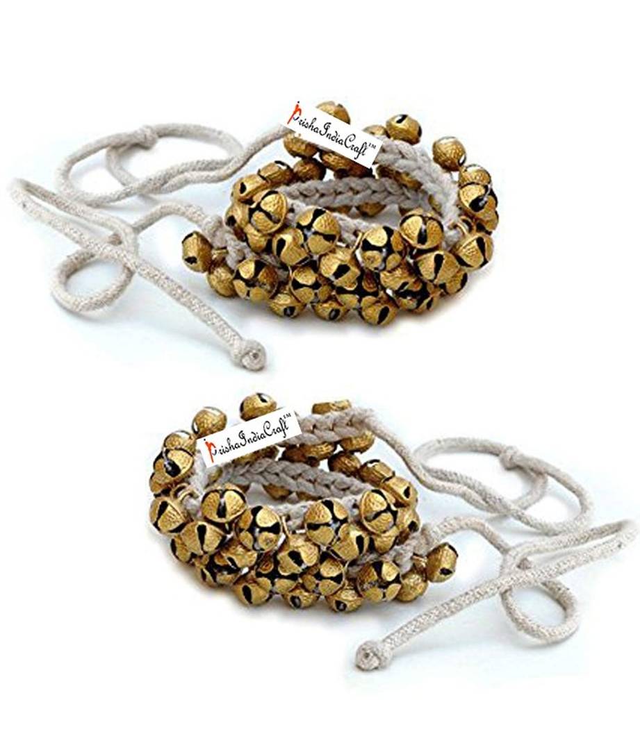 Kathak Ghungroo Pair Anklet 12 No. with Bells Tied and Cotton Cord (Gold), Ankle bracelet. Product approximate